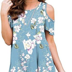 Light Blue Floral Open Shoulder Short Sleeve Cold Shoulder Top Size 2X New
